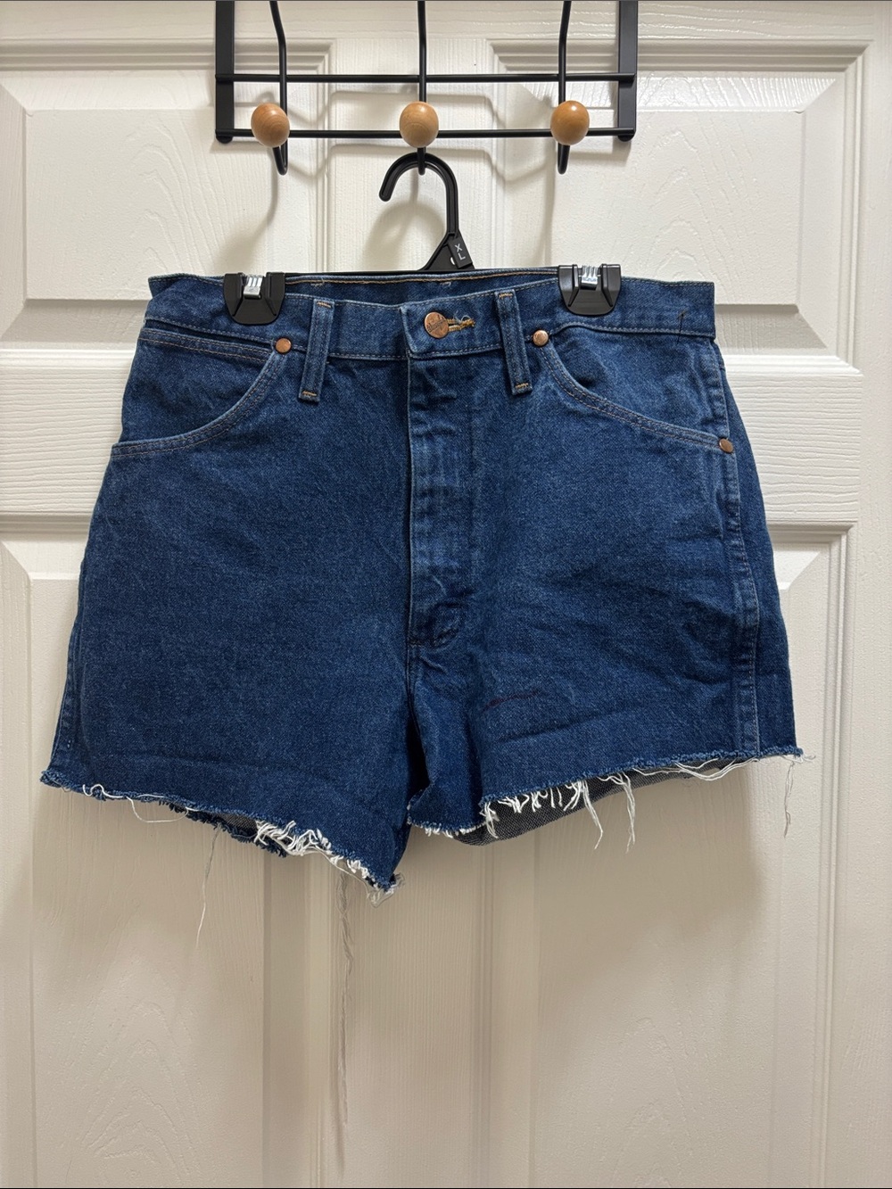 Wrangler Classic High-Rise Dark Blue Denim Shorts - Casual Frayed Hem